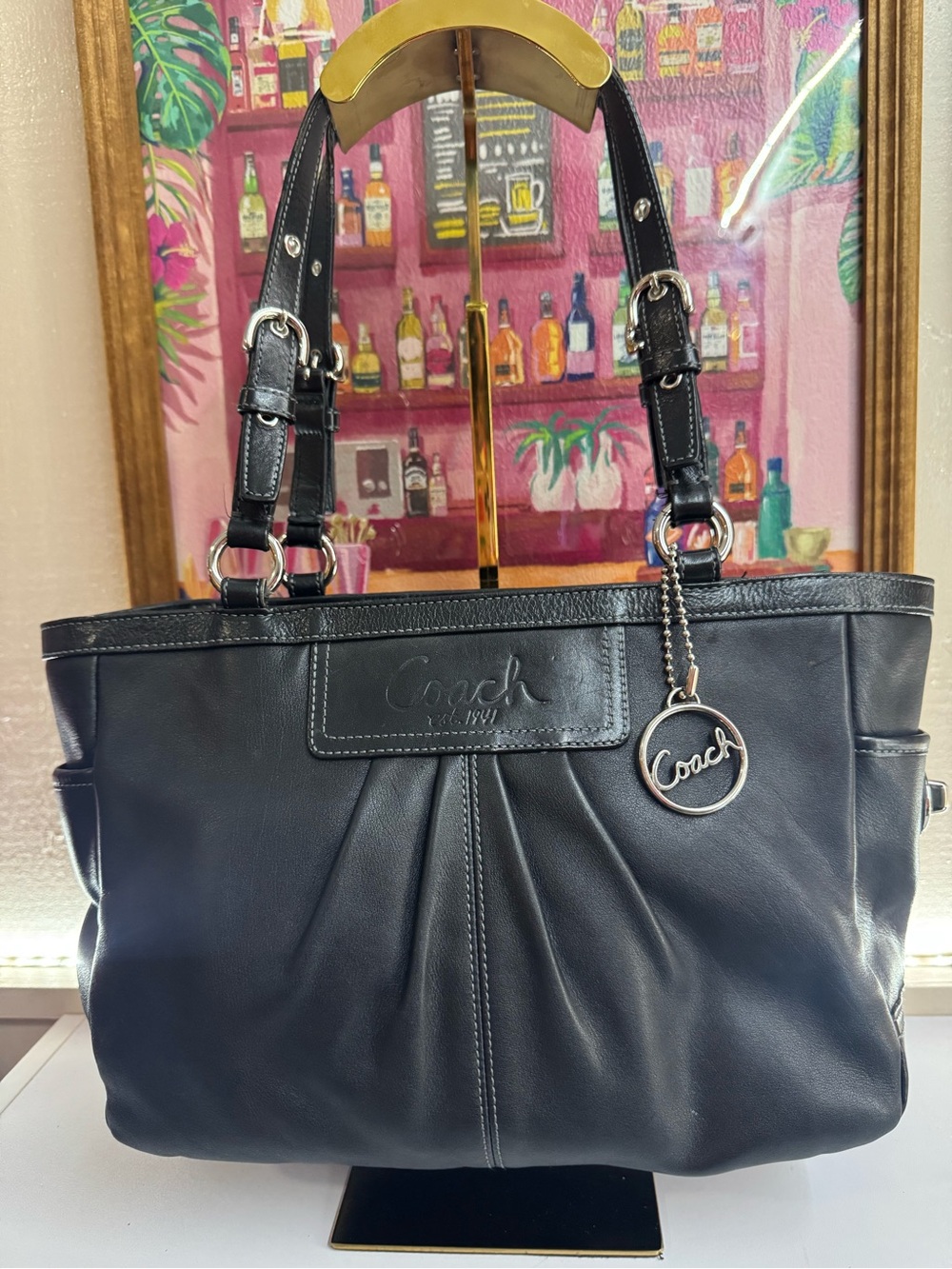 Coach East West Gallery Tote Black Pleated Leather w/ Double Turn Lock Pockets